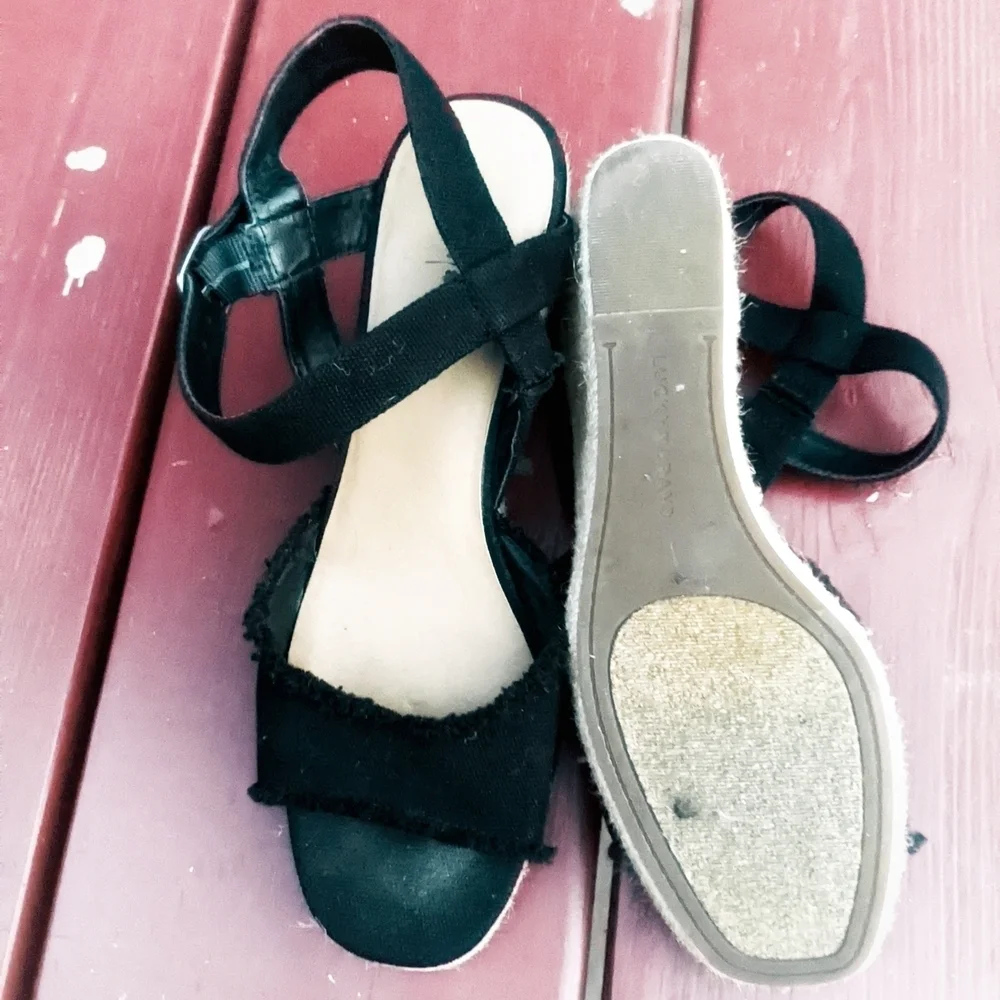 Lucky Brand Women's Black Wedge Espadrille Sandals with Buckle Size 11